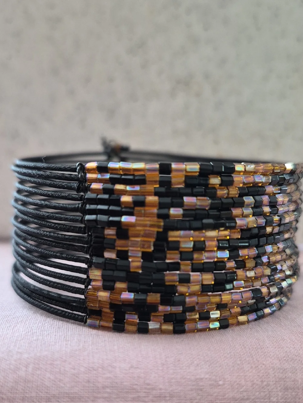 Twos Company Metallic Iridescent Brown Black Pink Seed Beaded Cuff Bracelet